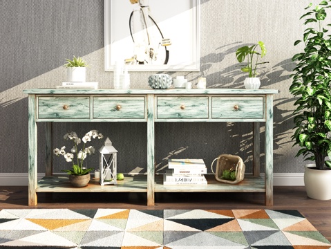  乡村波西米亚风实木边柜绿植饰品3d模型下载 陶瓷布艺摆件客厅装饰设计 