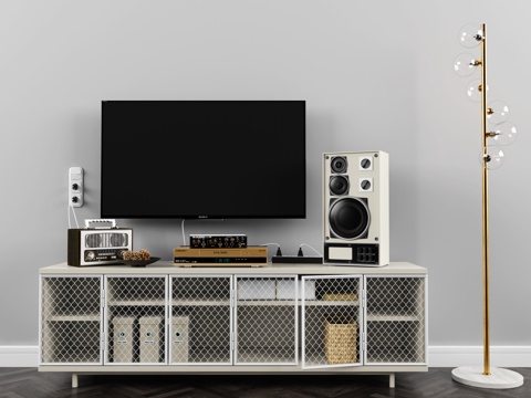  北欧风客厅组合3d模型下载 现代电视柜音响落地灯装饰场景 家庭娱乐空间设计 