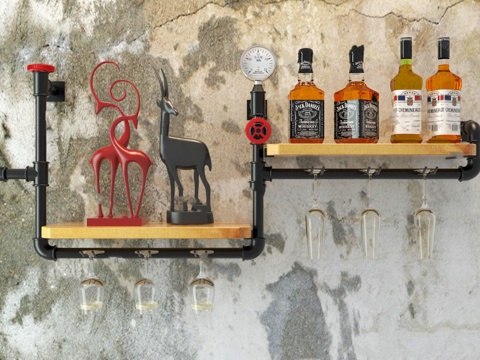  工业风黑色管道木质酒柜3d模型下载 复古酒架带鹿形装饰与悬挂玻璃杯 