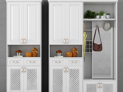  欧式实木鞋柜现代简约白色鞋柜3d模型下载 北欧风格金色把手储物柜 家用植物摆件雨伞收纳柜 