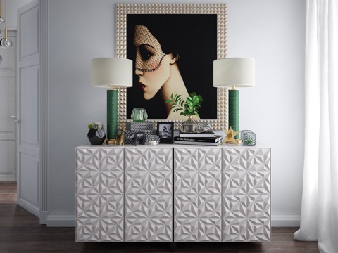  现代实木边柜装饰组合3d模型下载 艺术台灯装饰画摆件优雅家居设计 