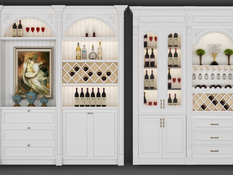  现代欧式酒柜组合3d模型下载 带装饰画抽屉储物空间 对称家居装饰设计 