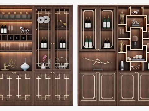  现代中式酒柜组合3d模型下载 玻璃门展示柜带装饰架储物功能 深色木纹优雅设计 