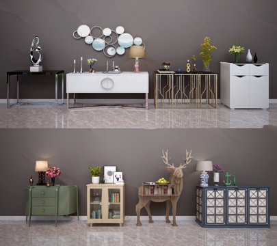  现代简约装饰柜边柜3d模型下载 客厅卧室书房绿植鹿雕塑摆放柜 装饰镜台灯对称收纳柜 