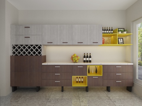  北欧新中式简约橱柜酒架组合3d模型下载 现代厨房装饰柜 带展示架家居设计 