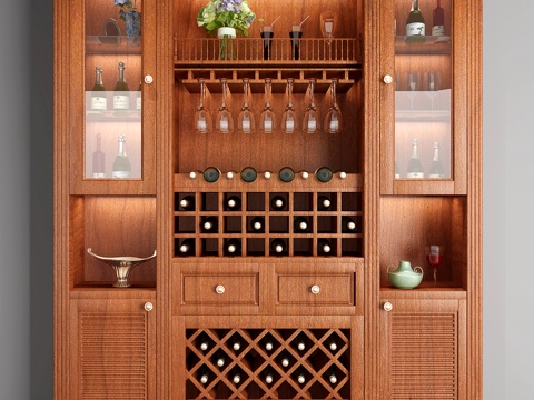  美式实木酒柜3d模型下载 展示储物多功能 现代优雅家居装饰 酒架酒杯架花瓶架组合 