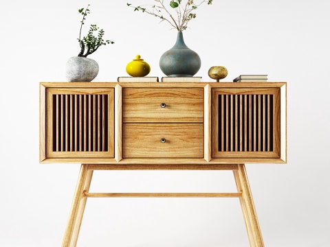  简约现代客厅木质边柜装饰柜3d模型下载 储物柜带抽屉 自然风格家居花瓶摆件 