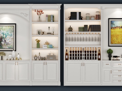  欧式酒柜组合3d模型下载 白色壁柜金色装饰 现代简约家居艺术设计 