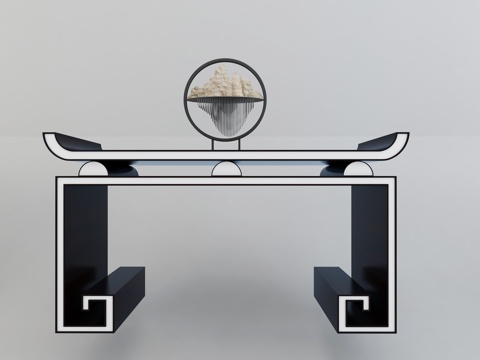  现代新中式端景柜组合3d模型下载 几何对称家居装饰 艺术山景设计 室内设计优雅展示柜 