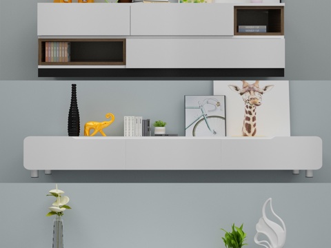  新中式电视柜3d模型下载 现代家居极简设计 带书架装饰艺术自然主题空间 