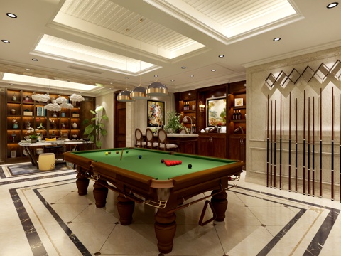  美式简约别墅地下室 台球休闲吧台 酒柜3d模型 