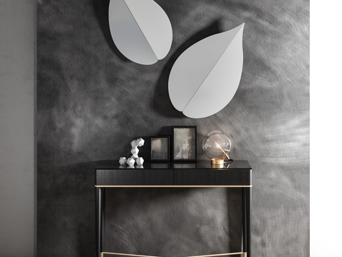  现代装饰柜装饰品3d模型下载 叶子形镜面设计 深灰纹理背景家居摆件 