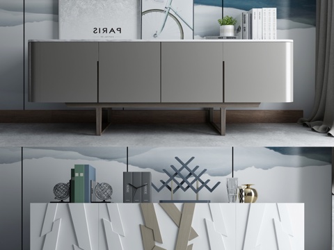  现代简约金属木纹客厅装饰柜3d模型下载 展示柜设计灰色白色组合柜体书籍收纳家具 