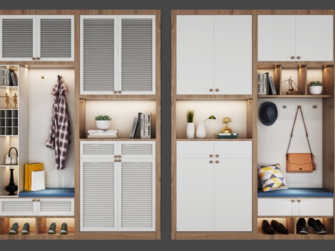  现代北欧风鞋柜衣柜组合3d模型下载 多功能收纳储物柜带灯长凳 室内装饰设计 