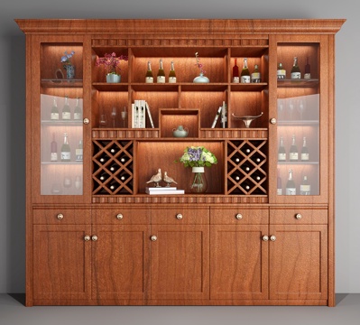  美式实木酒柜3d模型下载 客厅餐厅装饰储物柜 实木玻璃门酒柜展示架现代经典设计 