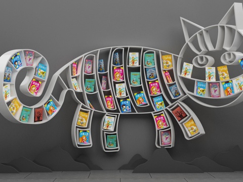  创意猫形书架组合3d模型下载 儿童书籍收纳设计 现代趣味家居装饰 