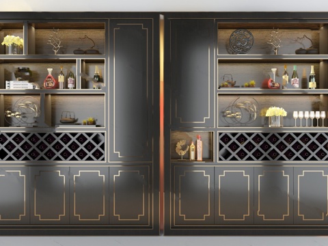  新中式酒柜3d模型下载 现代轻奢酒架装饰柜 带金色线条深灰酒瓶展示架 