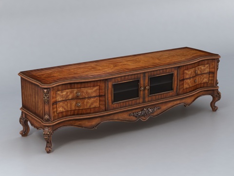  欧式实木电视柜3d模型下载 古典雕刻工艺客厅装饰柜 带玻璃门储物柜 