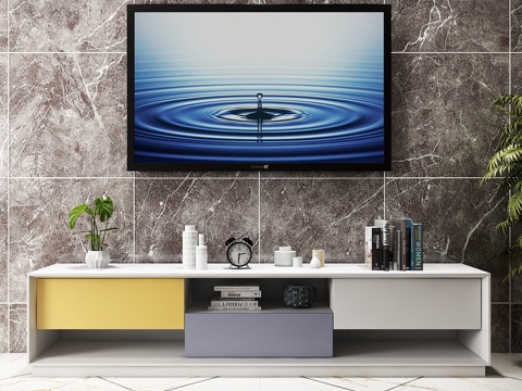  现代客厅电视柜装饰组合3d模型下载 极简电视柜 大理石纹背景绿植点缀 