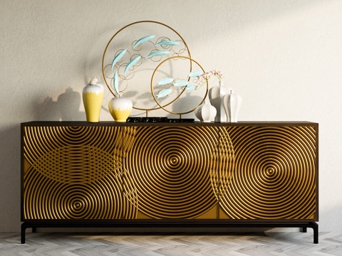  现代艺术抽象装饰柜摆件组合3d模型下载 新中式客厅室内设计装饰品展示场景 