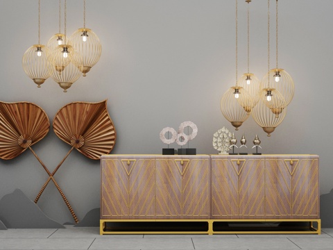  现代轻奢电视柜组合摆件3d模型下载 金色装饰扇吊灯客厅装饰艺术设计 