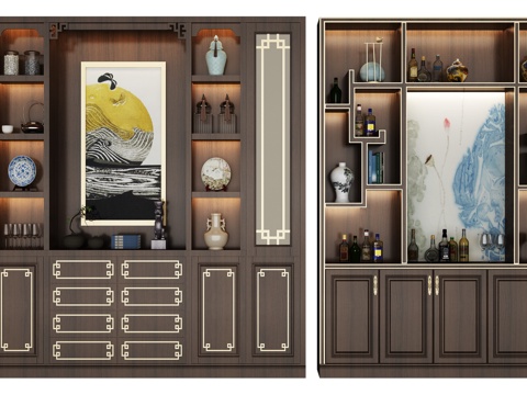  现代中式酒柜组合3d模型下载 客厅装饰艺术柜 带山水画储物家具 