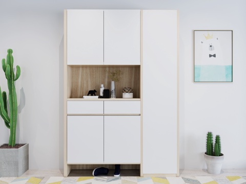  北欧风格鞋柜组合储物柜3d模型下载 现代家居装饰设计 客厅玄关收纳柜带绿植装饰 