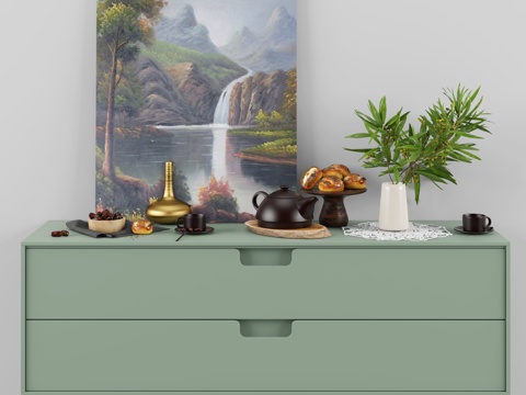  北欧风绿色抽屉柜3d模型下载 茶壶植物装饰组合 家居 