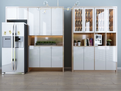  北欧风格厨房收纳组合柜3d模型下载 带玻璃门酒柜鞋柜现代家装 