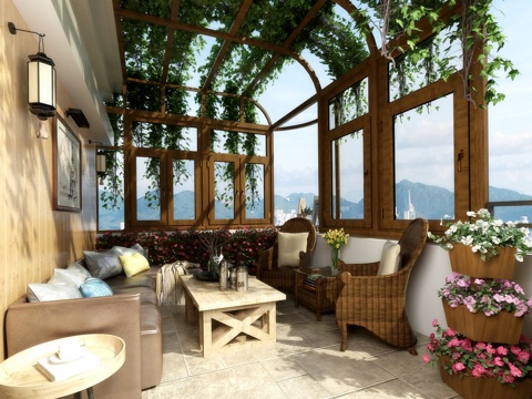  美式简约阳台露台  美式休闲沙发 花藤  阳光房3d模型 