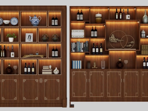  现代中式实木酒柜装饰架3d模型下载 嵌入式灯光展示柜 家居茶具书籍收纳组合 