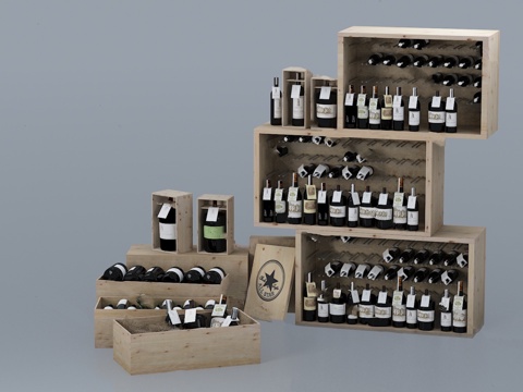  现代酒柜多层实木展示架3d模型下载 带标签酒瓶木箱储存柜 优雅家居酒窖设计 