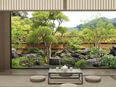  日式禅意庭院景观 水钵水景 景观石头 植物景观 枯山水 汀步3d模型 