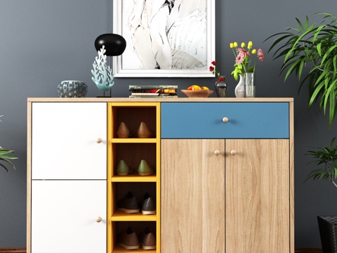  现代简约鞋柜装饰摆件组合3d模型下载 家居收纳储物柜设计 灰色背景墙 