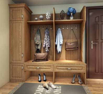  现代中式实木衣帽架鞋柜3d模型下载 带挂钩储物柜 入口玄关柜温馨家居装饰 