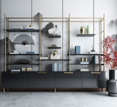  新中式金属框架装饰柜3d模型下载 现代简约书架带山水背景墙 家居装饰品展示 