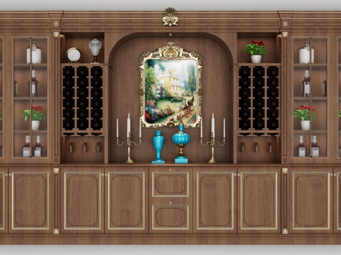  现代北欧风格电视柜组合3d模型下载 装饰画酒架绿植装饰 古典优雅家居设计 