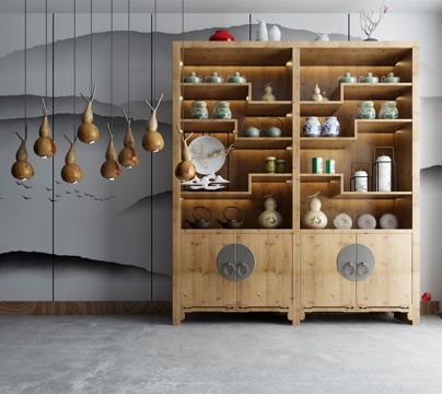  新中式装饰柜组合3d模型下载 现代简约木质书架陶瓷展示柜 中式山水背景客厅家具 