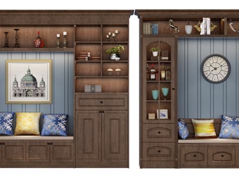  美式乡村风格储物书柜卡座酒柜组合带休息区与艺术展示空间3d模型下载 