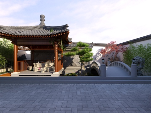  新中式花园3d模型 