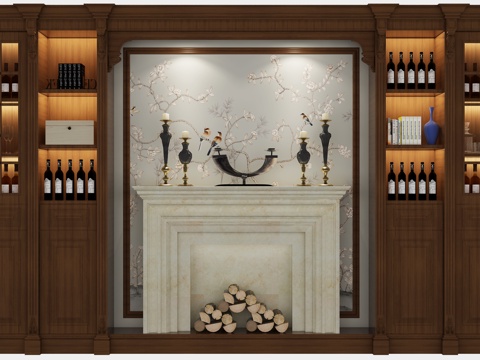  现代美式客厅壁炉酒柜书柜组合3d模型下载 对称式装饰空间设计 温馨家居储物展示柜 