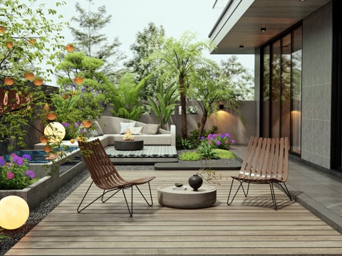  現(xiàn)代庭院花園 水景墻 卡座戶外沙發(fā) 戶外桌椅 花草 植物堆3d模型 
