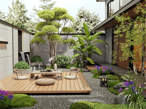  現(xiàn)代別墅庭院景觀 水景 植物造景 花草 景觀樹 植物景觀3d模型 