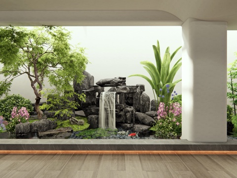  现代室内植物景观 假山水景 灌木 花草 天井景观 庭院小品3d模型 