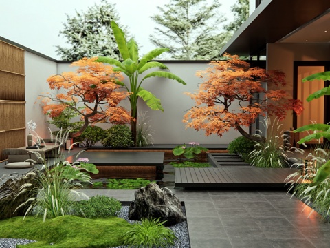  新中式別墅庭院花園 別墅院子 汀步 水景 荷花 紅楓 芭蕉3d模型 