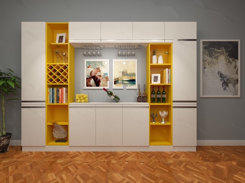  现代酒柜设计3d模型下载 带开放式黄色书架 客厅装饰储物柜 温馨简约风格 