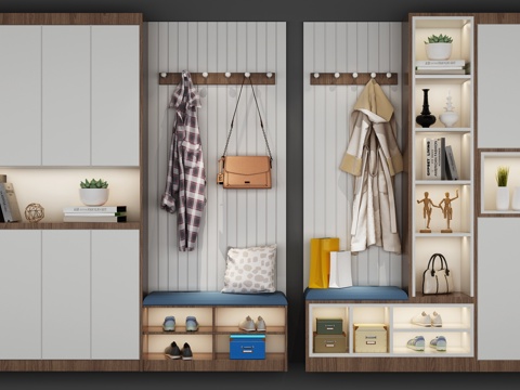  北欧风格鞋柜3d模型下载 入口储物柜挂钩长凳组合 现代装饰设计 