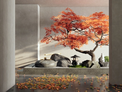  新中式室內(nèi)景觀造景 紅楓 枯山水 水缽水景 景觀石頭3d模型 