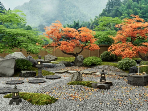  日式枯山水庭院花園 景觀石頭 汀步 微地形景觀 紅楓3d模型 