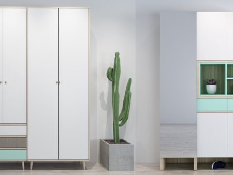  北欧现代风格衣柜鞋柜组合3d模型下载 白色储物柜配绿色仙人掌室内装饰设计 
